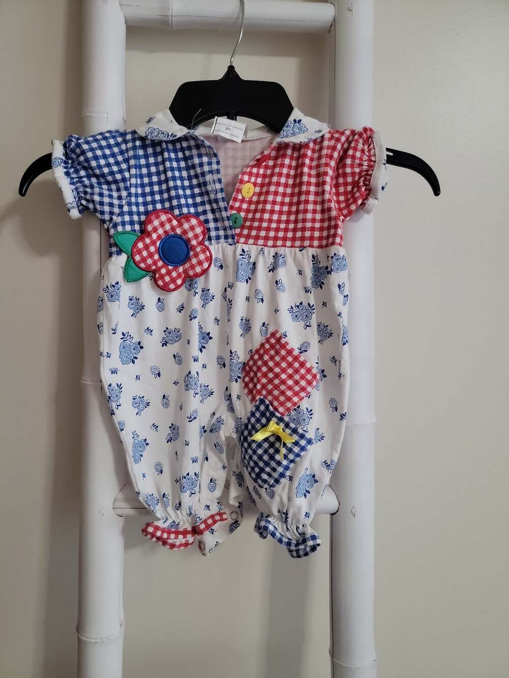 Vintage Baby Romper 3-6M Patchwork Gingham Plaid Floral One Piece Short Sleeve